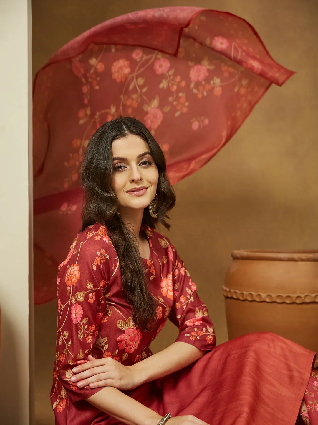Janasya Women's Rust Cotton Blend Floral Printed Straight Kurta Set