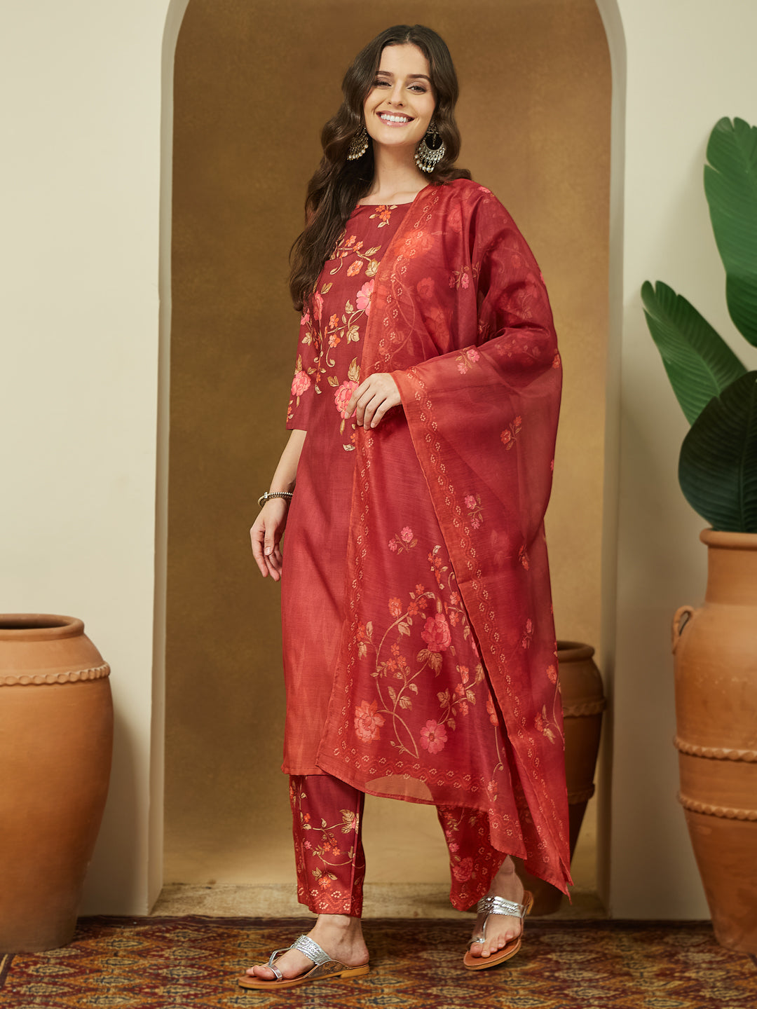 Janasya Women's Rust Cotton Blend Floral Printed Straight Kurta Set - qivii