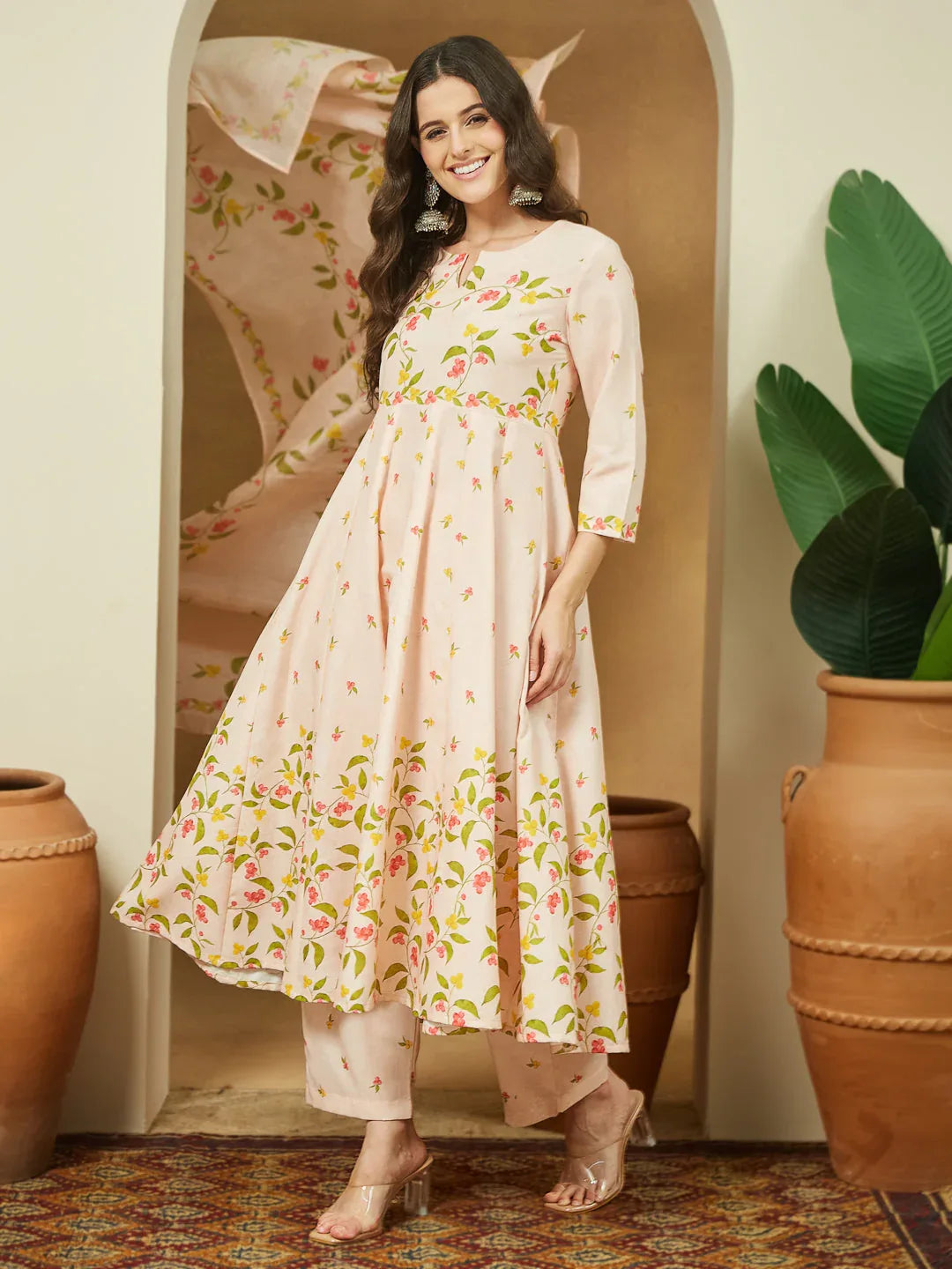 Janasya Women's Peach Cotton Blend Floral Printed Anarkali Kurta Set