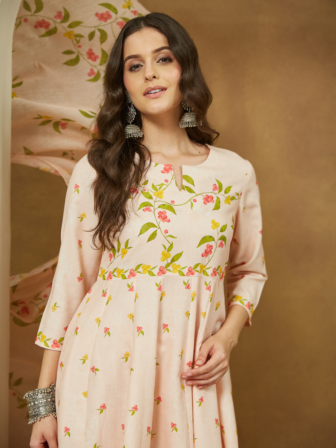 Janasya Women's Peach Cotton Blend Floral Printed Anarkali Kurta Set - qivii