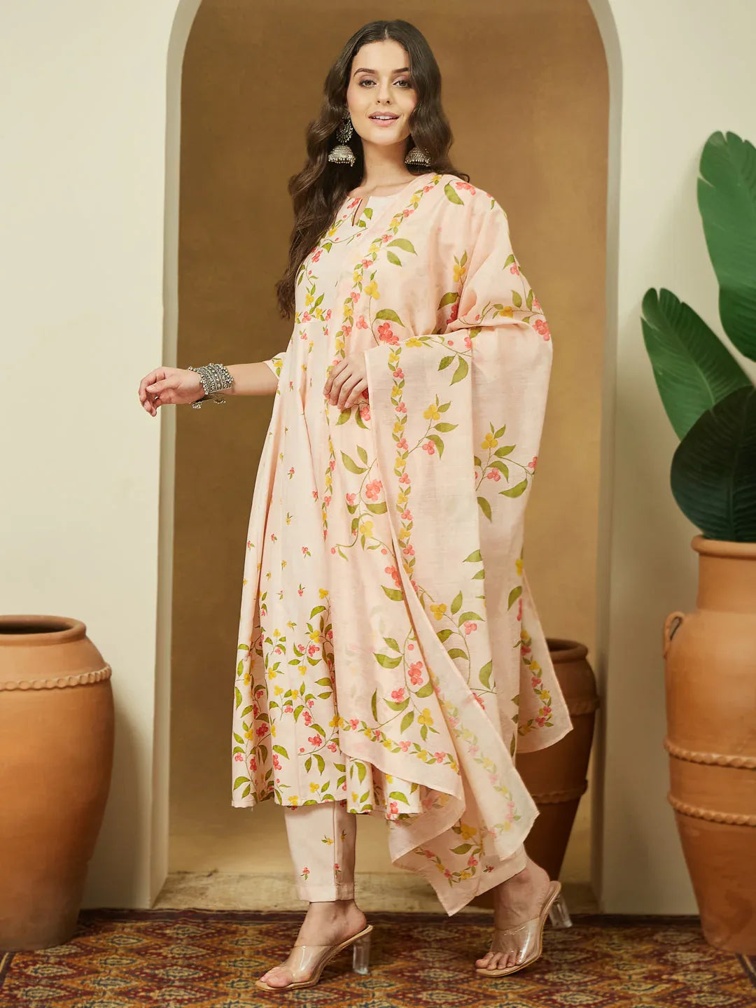 Janasya Women's Peach Cotton Blend Floral Printed Anarkali Kurta Set