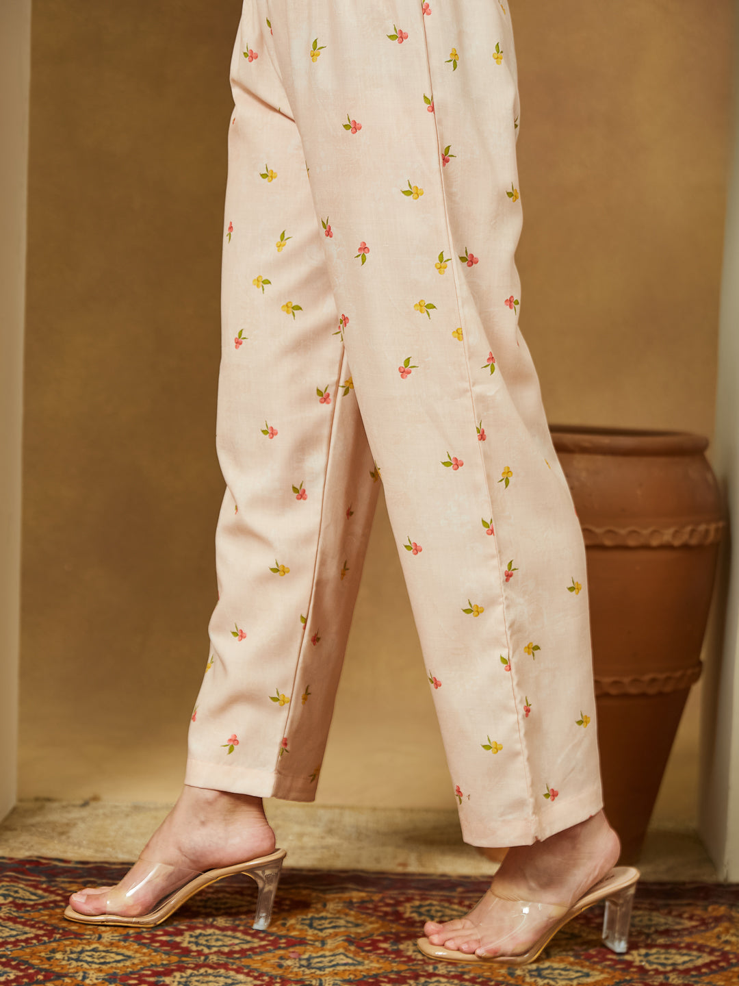 Janasya Women's Peach Cotton Blend Floral Printed Anarkali Kurta Set - qivii