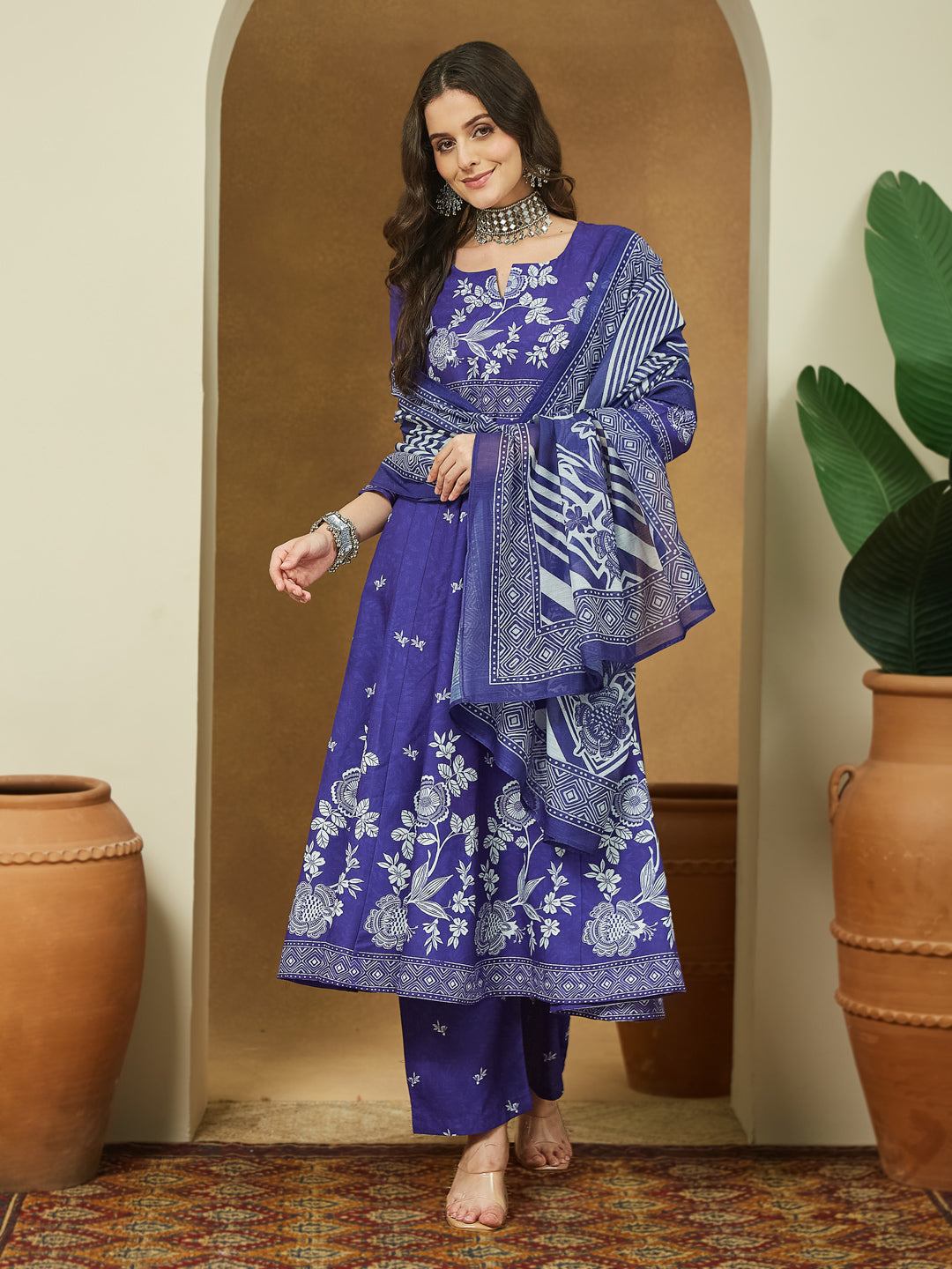 Janasya Women's Purple Cotton Blend Floral Printed Anarkali Kurta Set