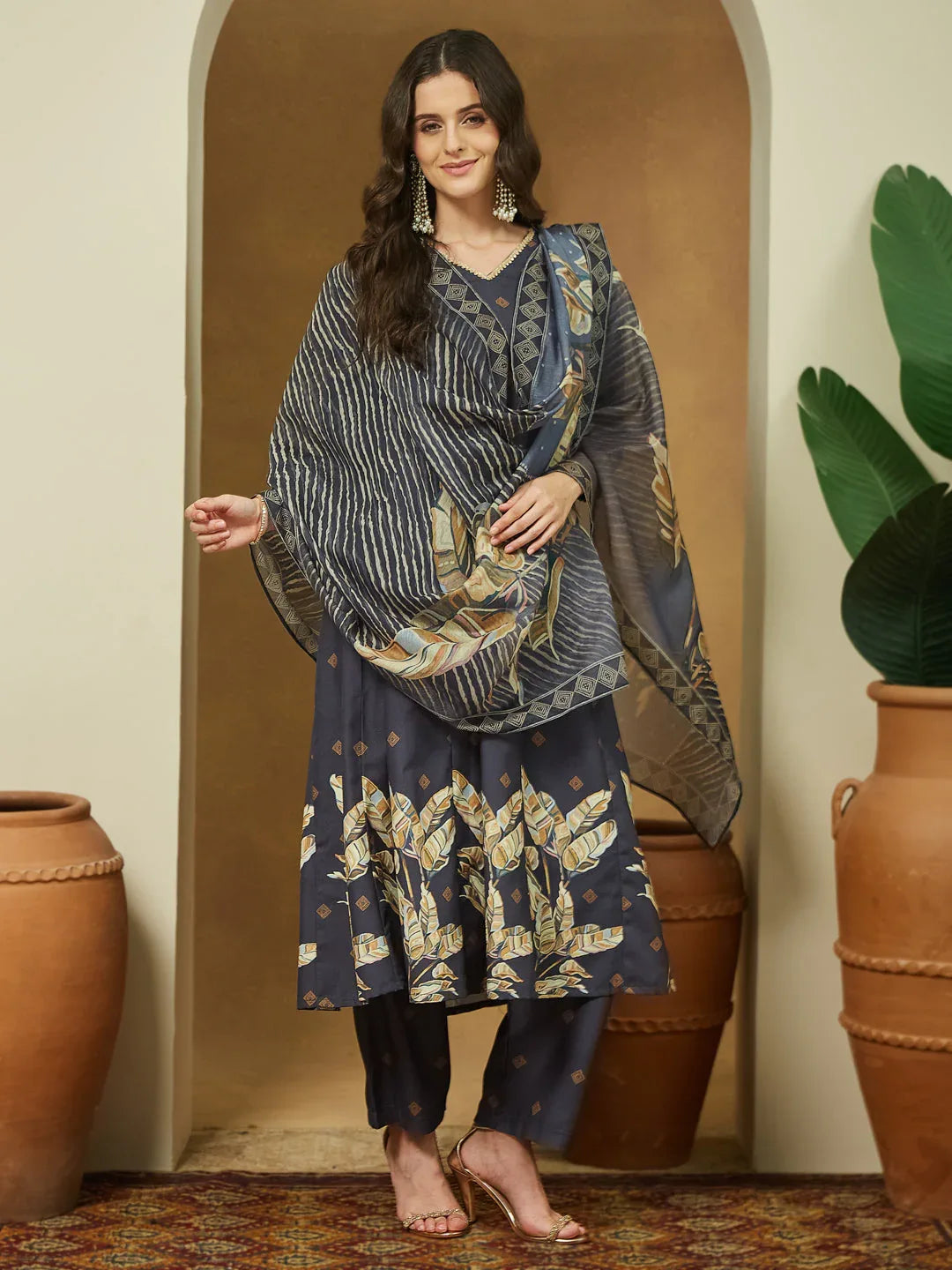 Janasya Women's Black Cotton Blend Embllished A-line Kurta Set