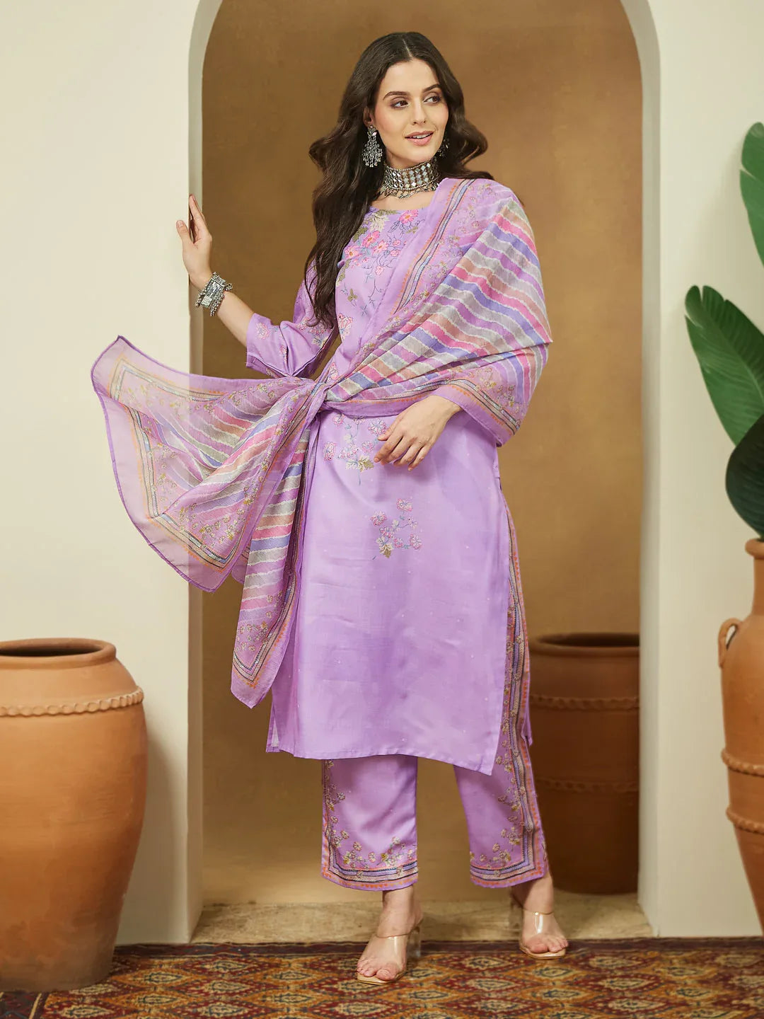 Janasya Women's Lavender Cotton Blend Floral Printed Straight Kurta Set