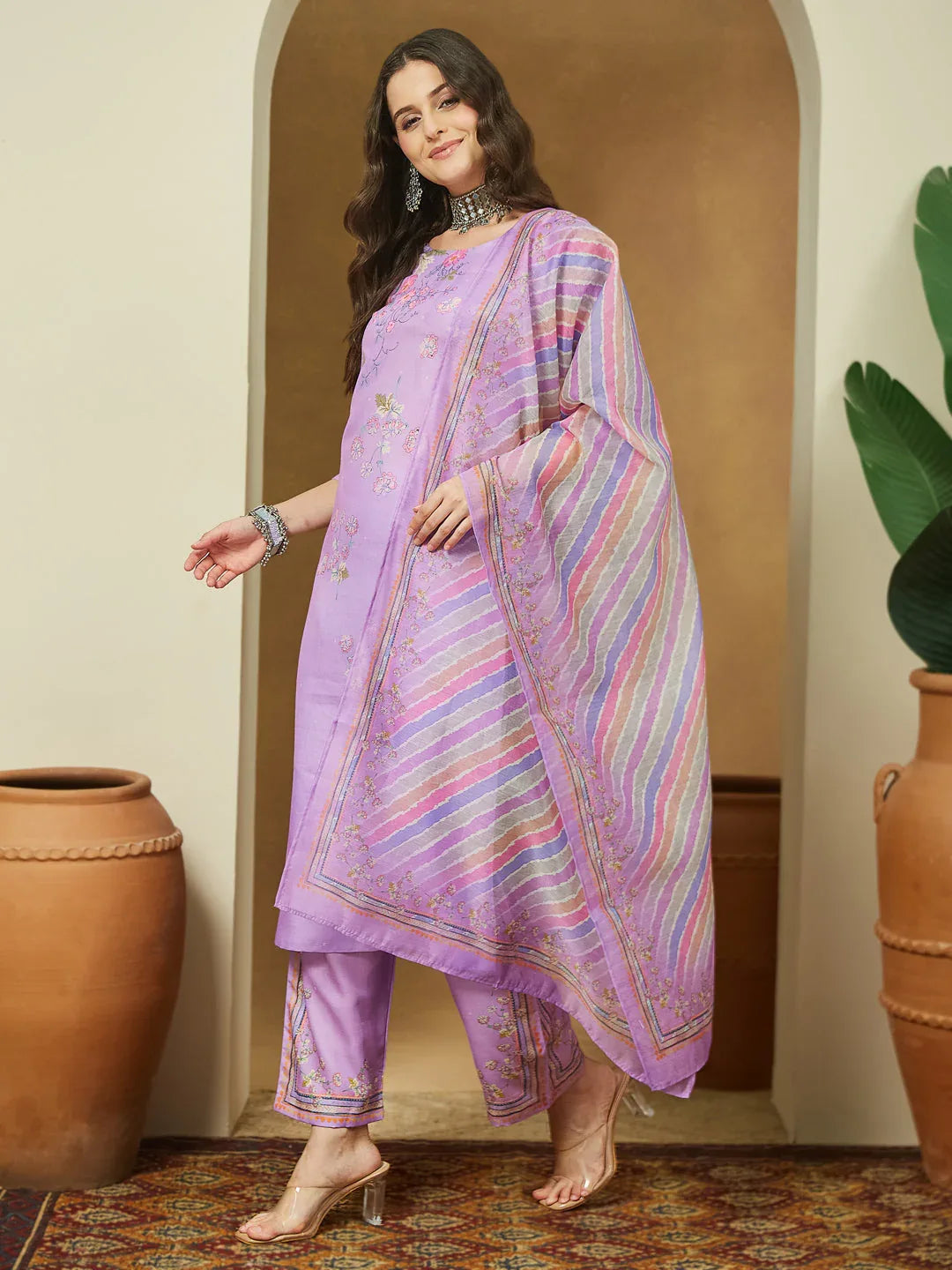 Janasya Women's Lavender Cotton Blend Floral Printed Straight Kurta Set