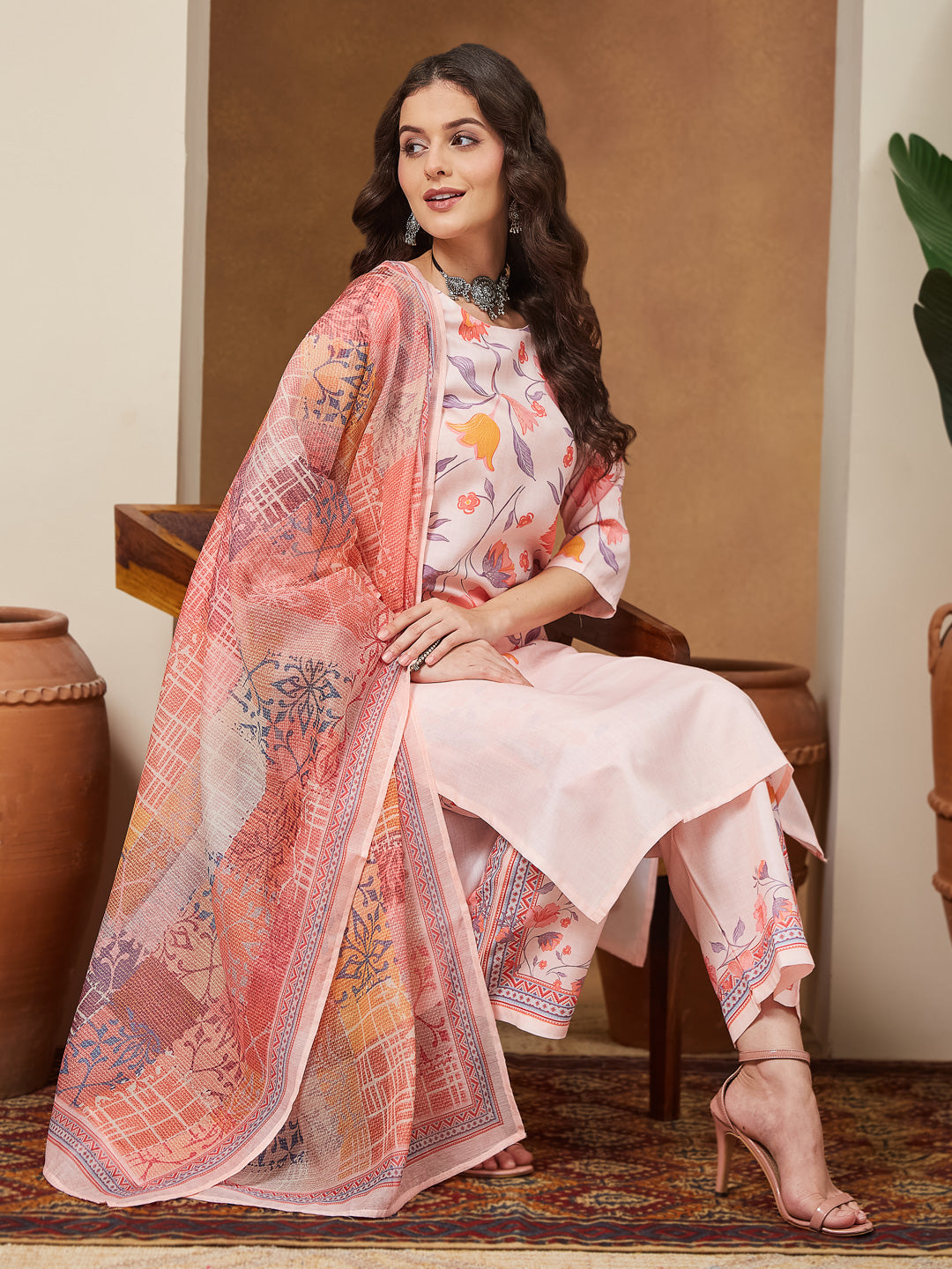 Janasya Women's Peach Cotton Blend Floral Printed Straight Kurta Set - qivii