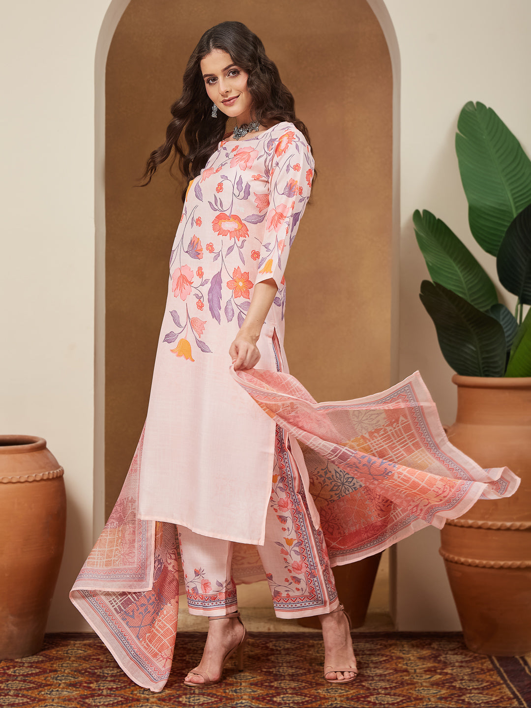 Janasya Women's Peach Cotton Blend Floral Printed Straight Kurta Set - qivii