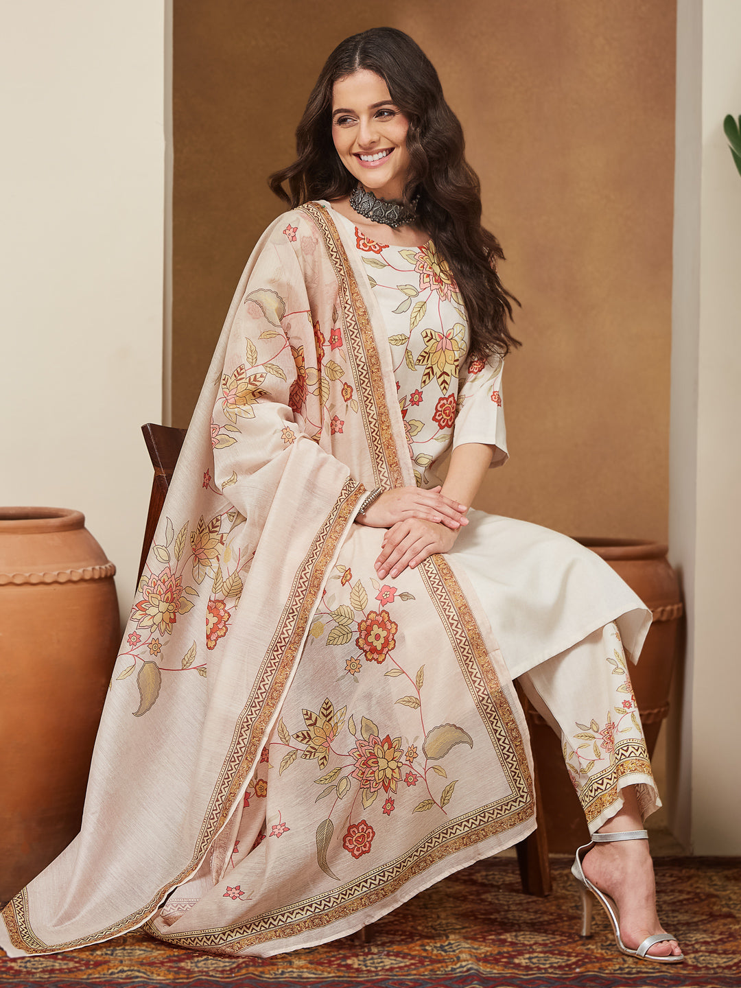 Janasya Women's Cream Cotton Blend Floral Printed Straight Kurta Set