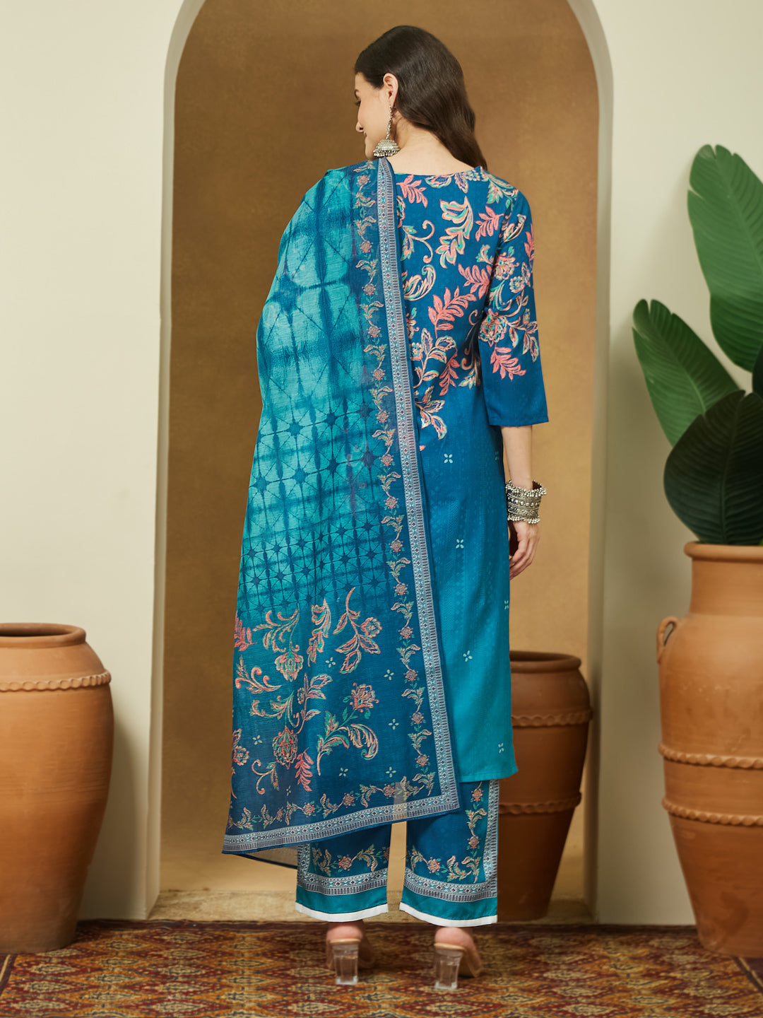 Janasya Women's Teal Blue Cotton Blend Floral Printed Straight Kurta Set - qivii