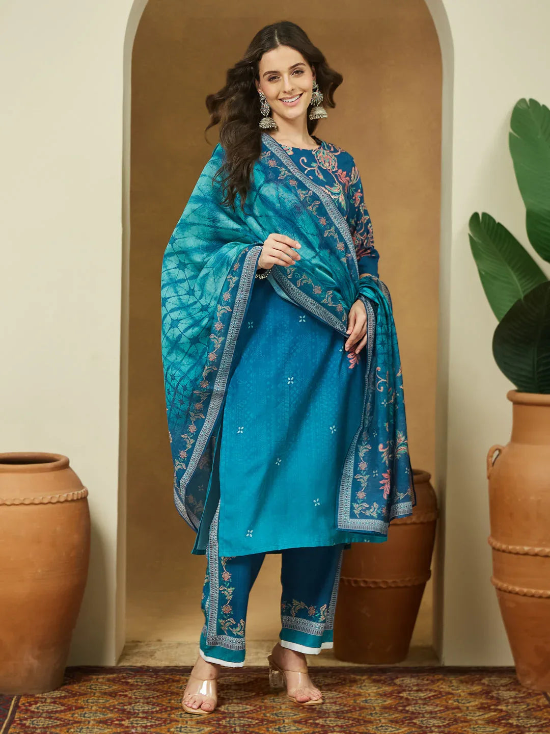 Janasya Women's Teal Blue Cotton Blend Floral Printed Straight Kurta Set