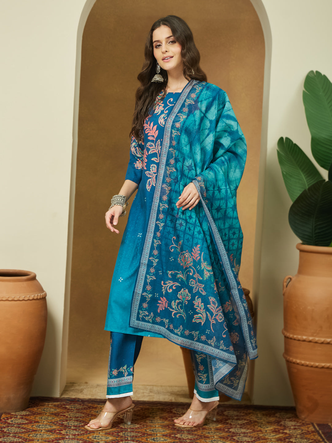 Janasya Women's Teal Blue Cotton Blend Floral Printed Straight Kurta Set - qivii