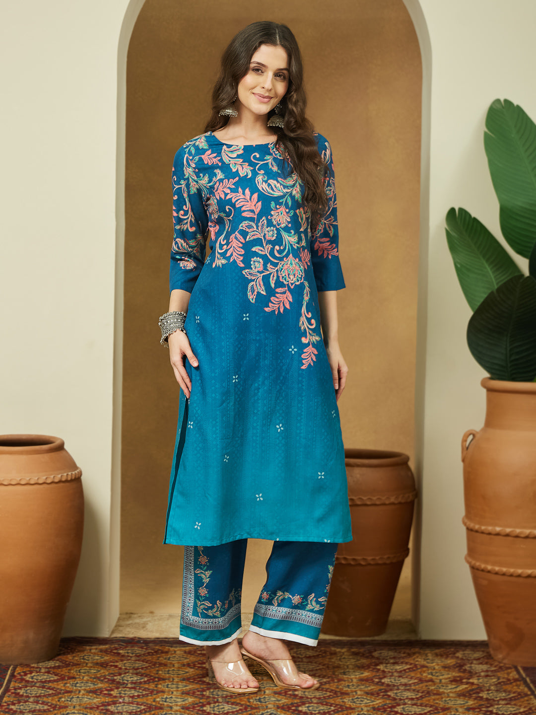 Janasya Women's Teal Blue Cotton Blend Floral Printed Straight Kurta Set - qivii