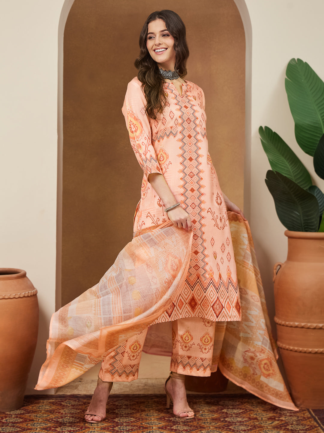 Janasya Women's Peach Cotton Blend Geometric Printed Straight Kurta Set - qivii
