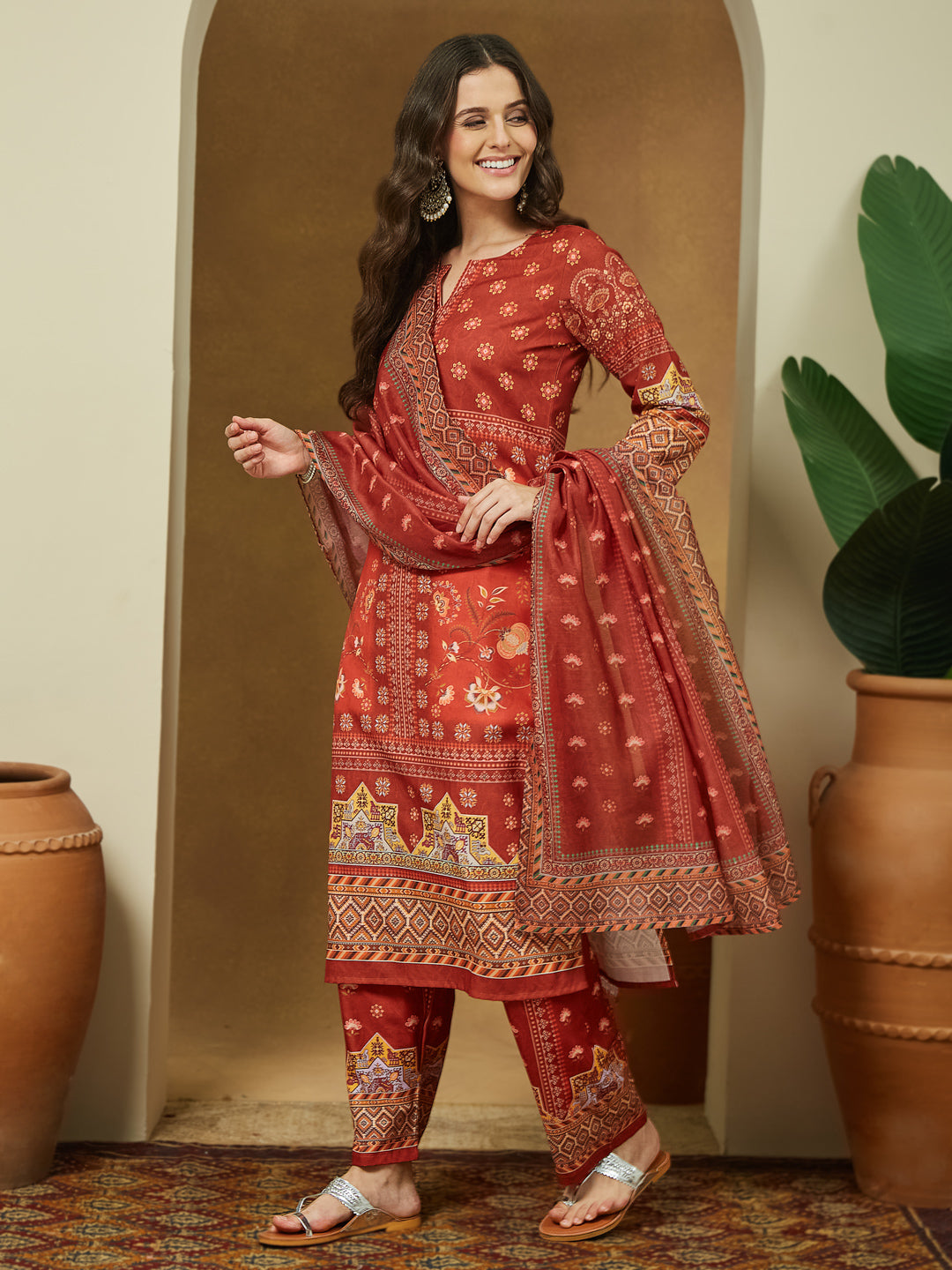 Janasya Women's Rust Cotton Blend Floral Printed Pakistani Straight Kurta Set