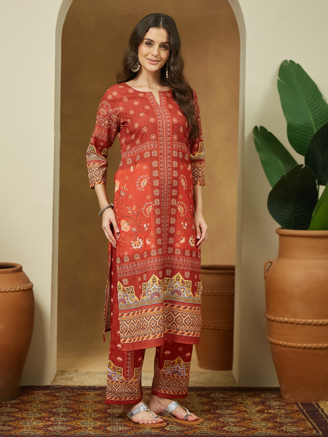 Janasya Women's Rust Cotton Blend Floral Printed Pakistani Straight Kurta Set