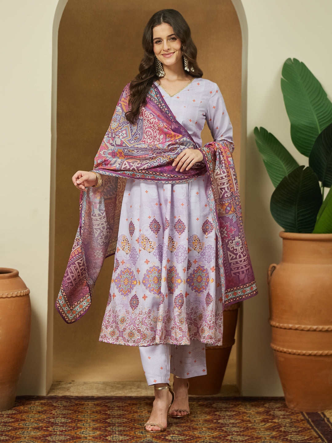 Janasya Women's Lavender Cotton Blend Ethnic Motifs Printed Anarkali Kurta Set