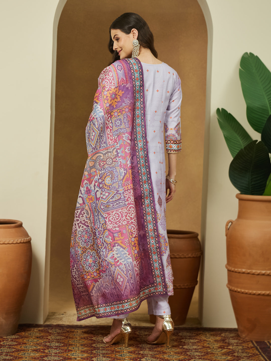 Janasya Women's Lavender Cotton Blend Ethnic Motifs Printed Anarkali Kurta Set