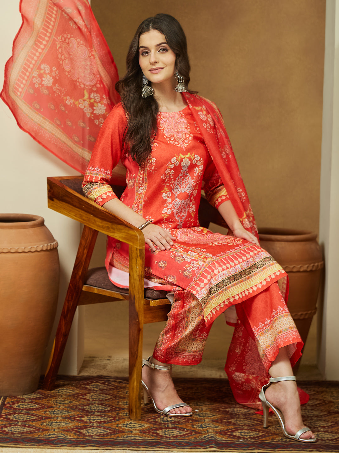 Janasya Women's Orange Cotton Blend Ethnic Motifs Printed Pakistani Straight Kurta Set - qivii