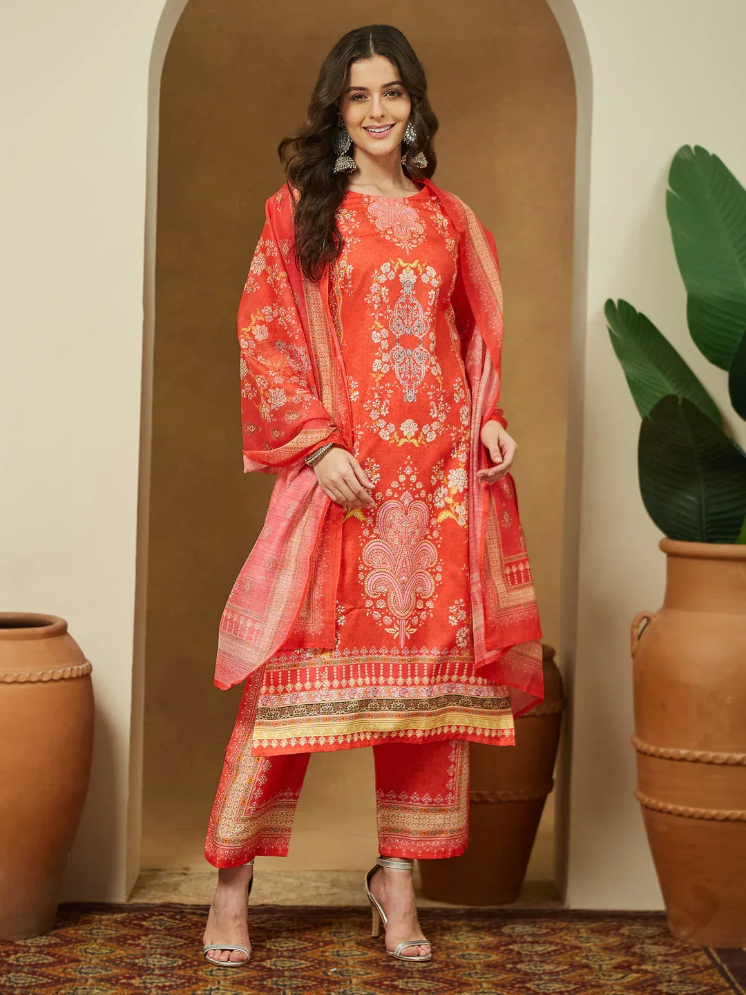 Janasya Women's Orange Cotton Blend Ethnic Motifs Printed Pakistani Straight Kurta Set