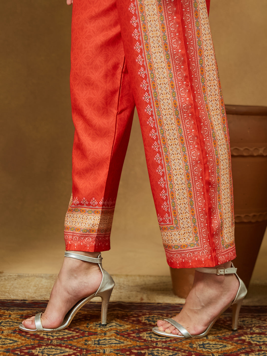 Janasya Women's Orange Cotton Blend Ethnic Motifs Printed Pakistani Straight Kurta Set - qivii