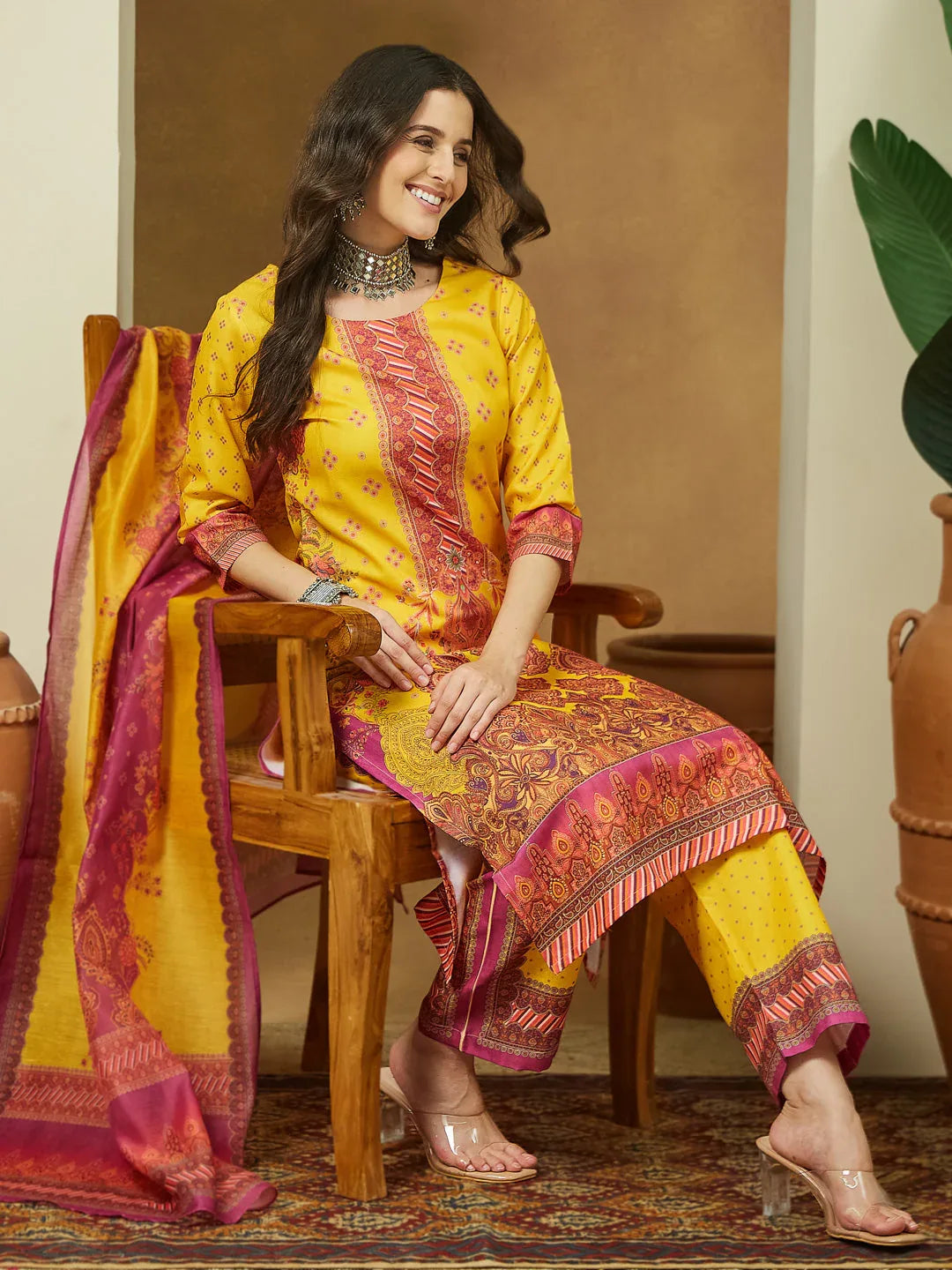 Janasya Women's Yellow Cotton Blend Floral Printed Straight Kurta Set