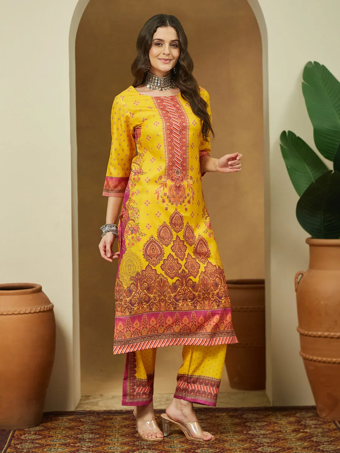 Janasya Women's Yellow Cotton Blend Floral Printed Straight Kurta Set