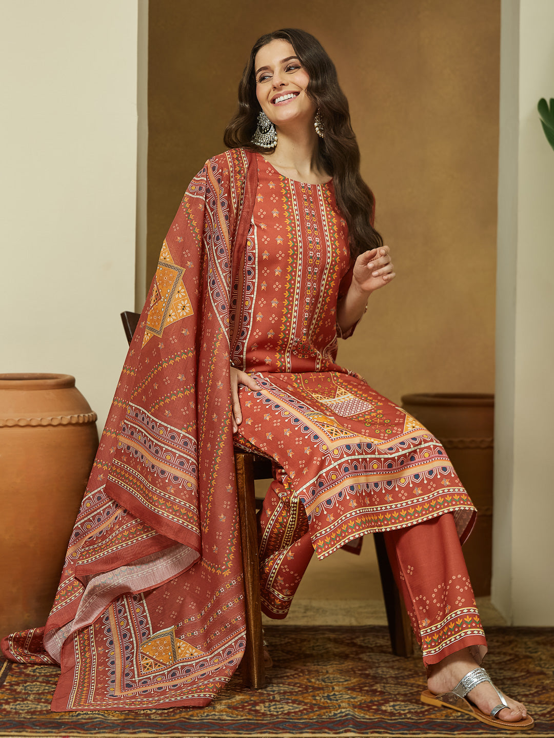 Janasya Women's Rust Cotton Blend Ethnic Motifs Printed Straight Kurta Set - qivii