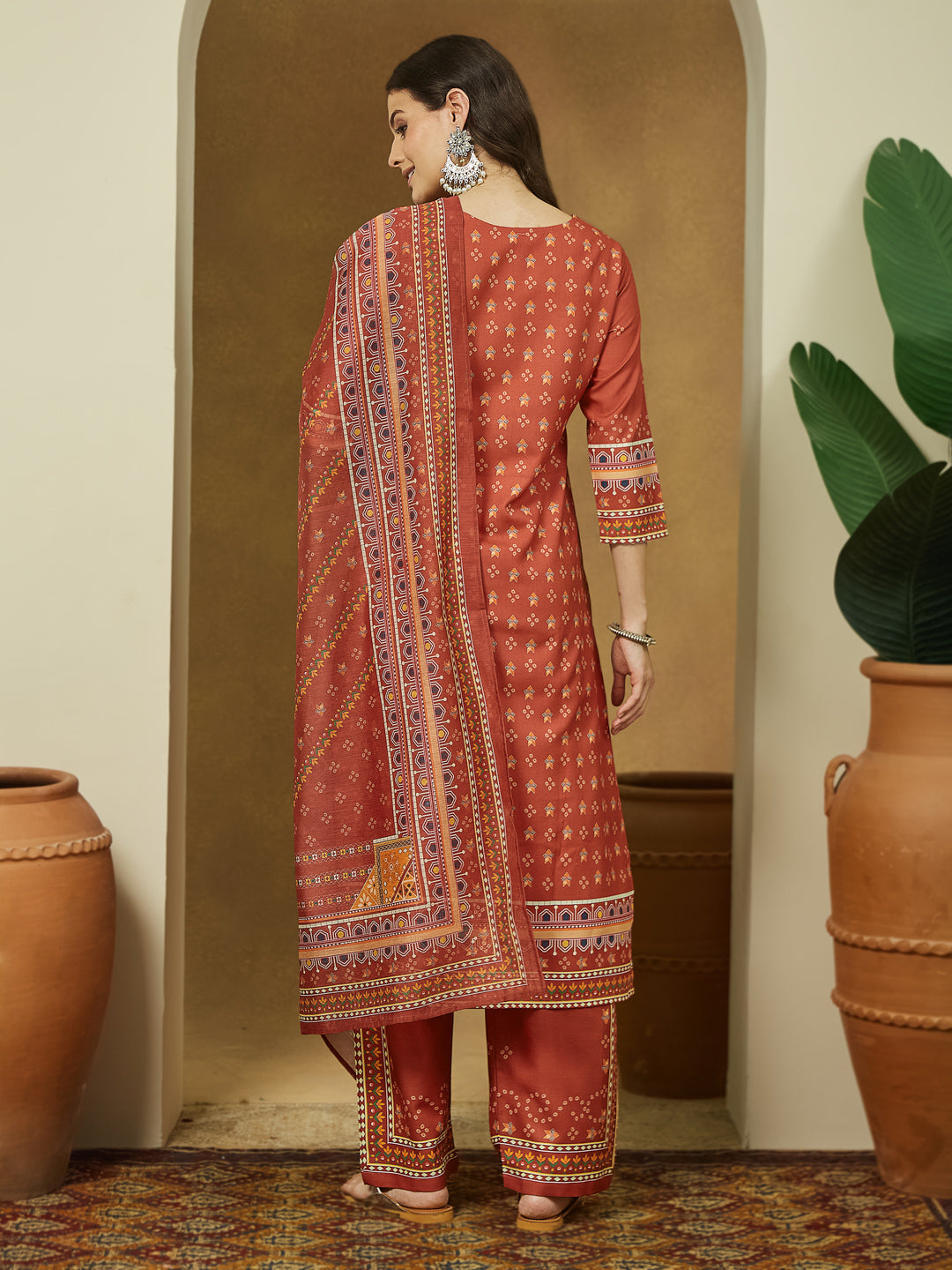 Janasya Women's Rust Cotton Blend Ethnic Motifs Printed Straight Kurta Set - qivii