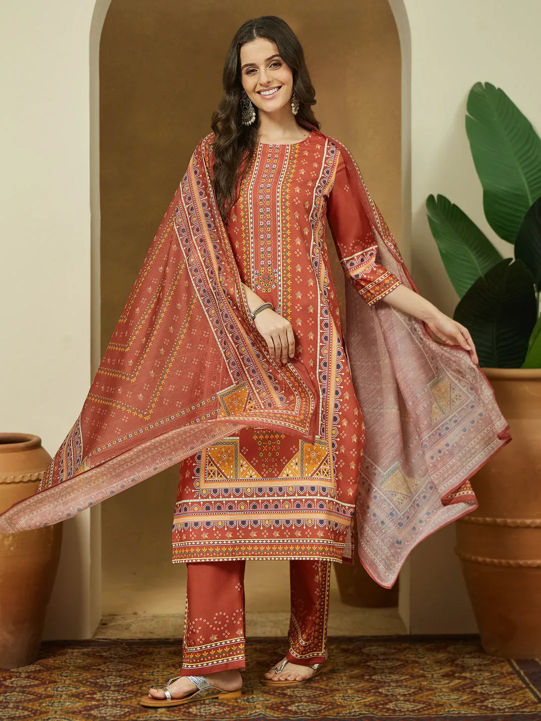 Janasya Women's Rust Cotton Blend Ethnic Motifs Printed Straight Kurta Set