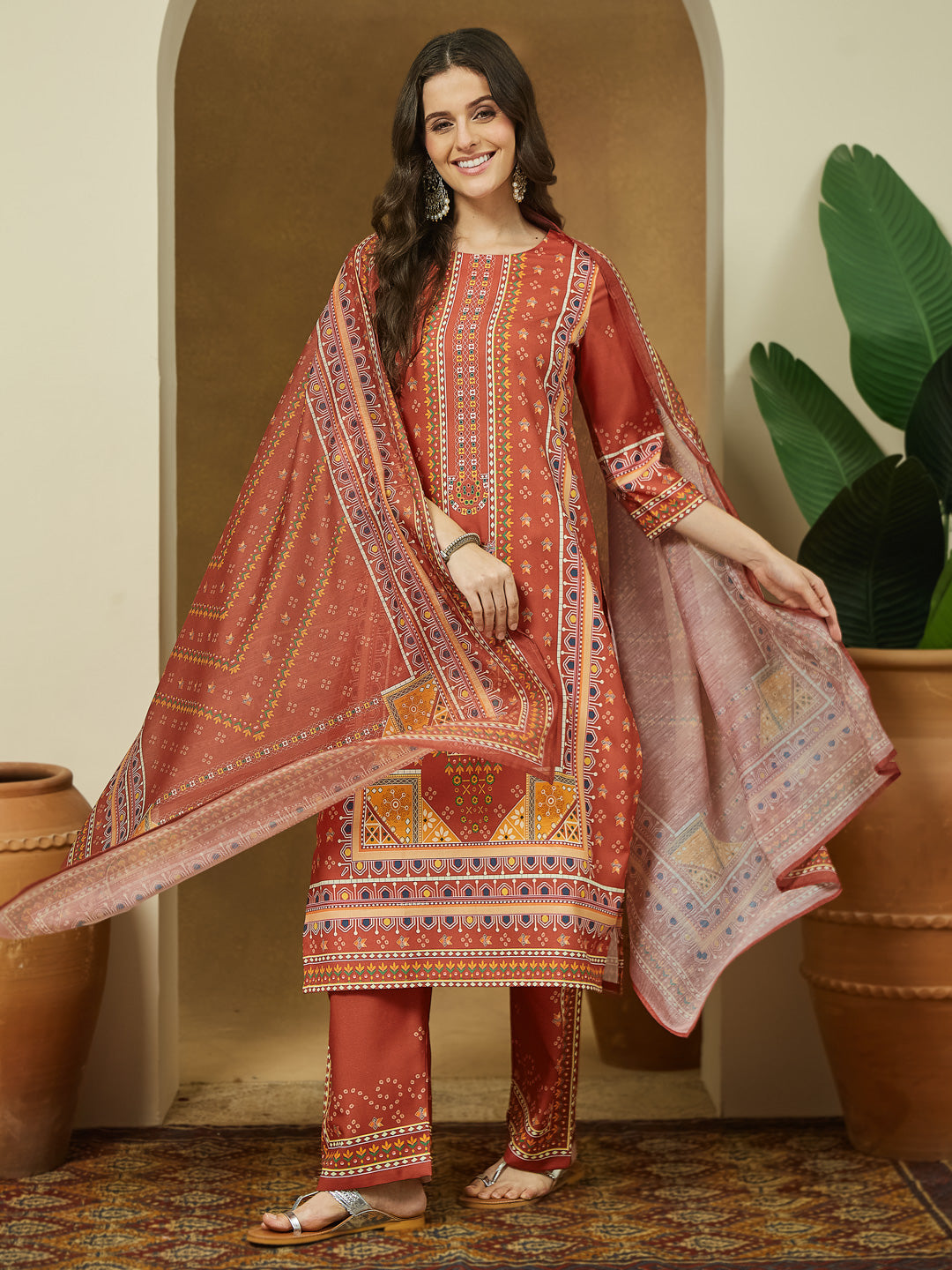 Janasya Women's Rust Cotton Blend Ethnic Motifs Printed Straight Kurta Set - qivii