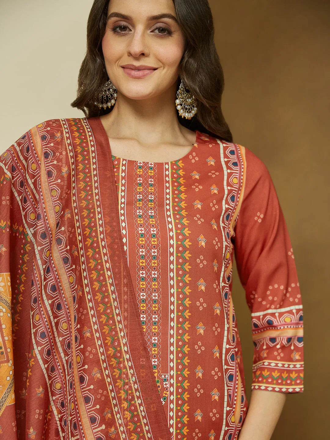 Janasya Women's Rust Cotton Blend Ethnic Motifs Printed Straight Kurta Set