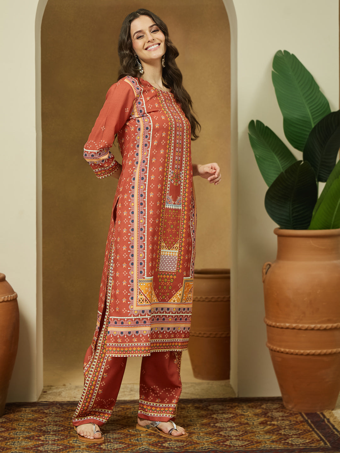 Janasya Women's Rust Cotton Blend Ethnic Motifs Printed Straight Kurta Set - qivii