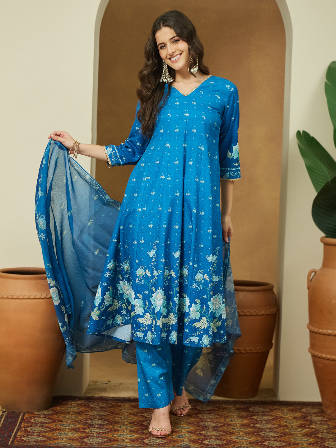 Janasya Women's Blue Cotton Blend Floral Printed Anarkali Kurta Set - qivii
