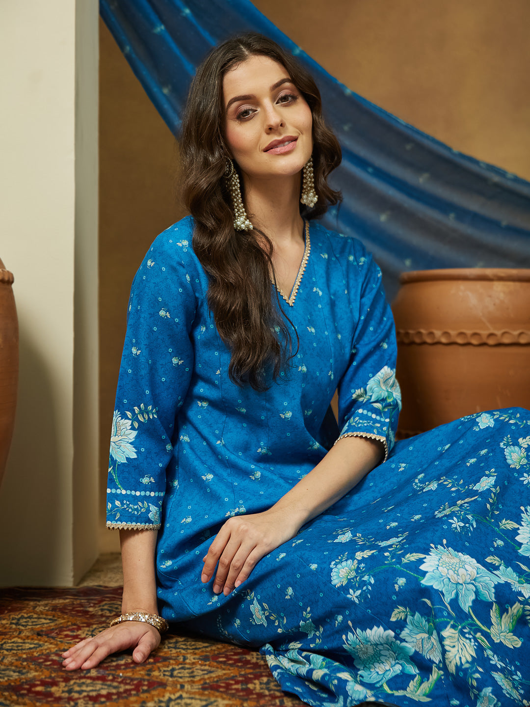 Janasya Women's Blue Cotton Blend Floral Printed Anarkali Kurta Set - qivii