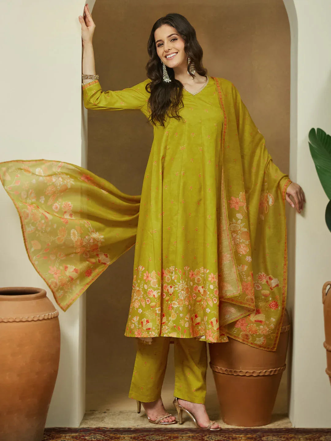 Janasya Women's Mustard Cotton Blend Floral Printed Anarkali Kurta Set