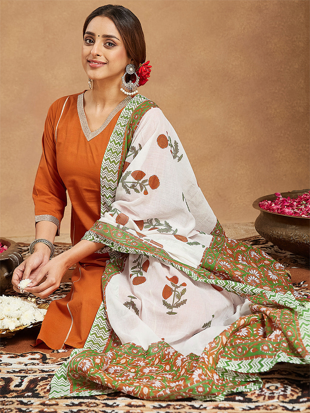 Janasya Women's Orange Pure Cotton Solid Straight Kurta Set - qivii