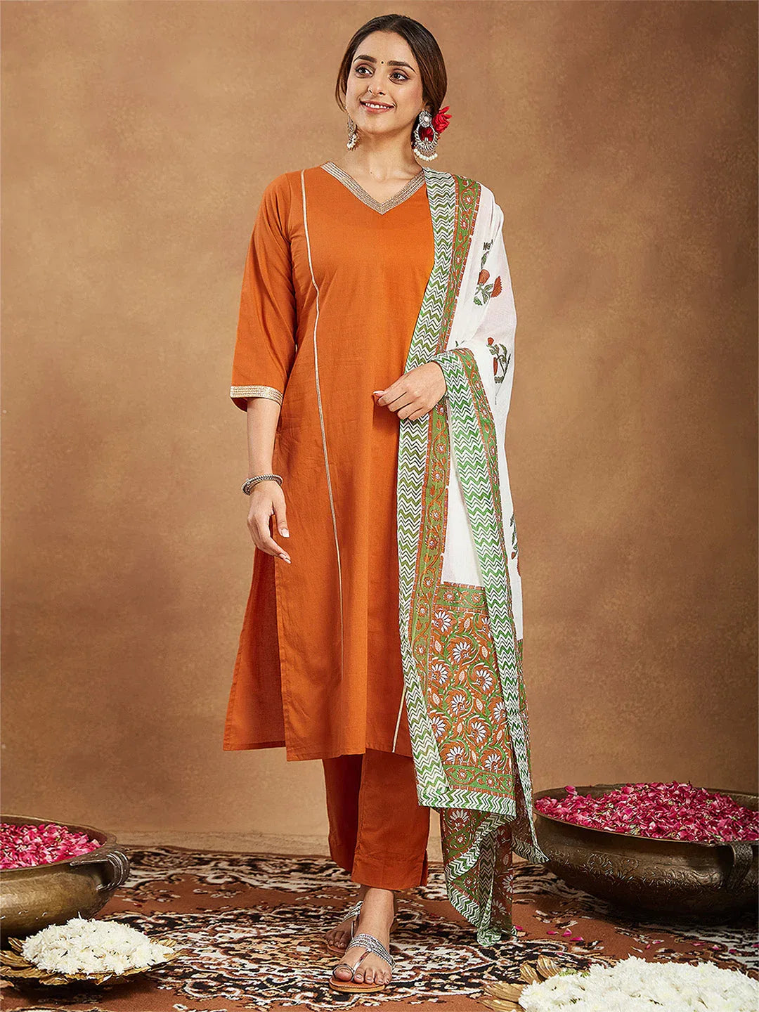 Janasya Women's Orange Pure Cotton Solid Straight Kurta Set