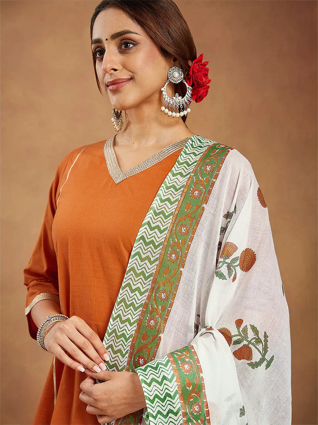 Janasya Women's Orange Pure Cotton Solid Straight Kurta Set