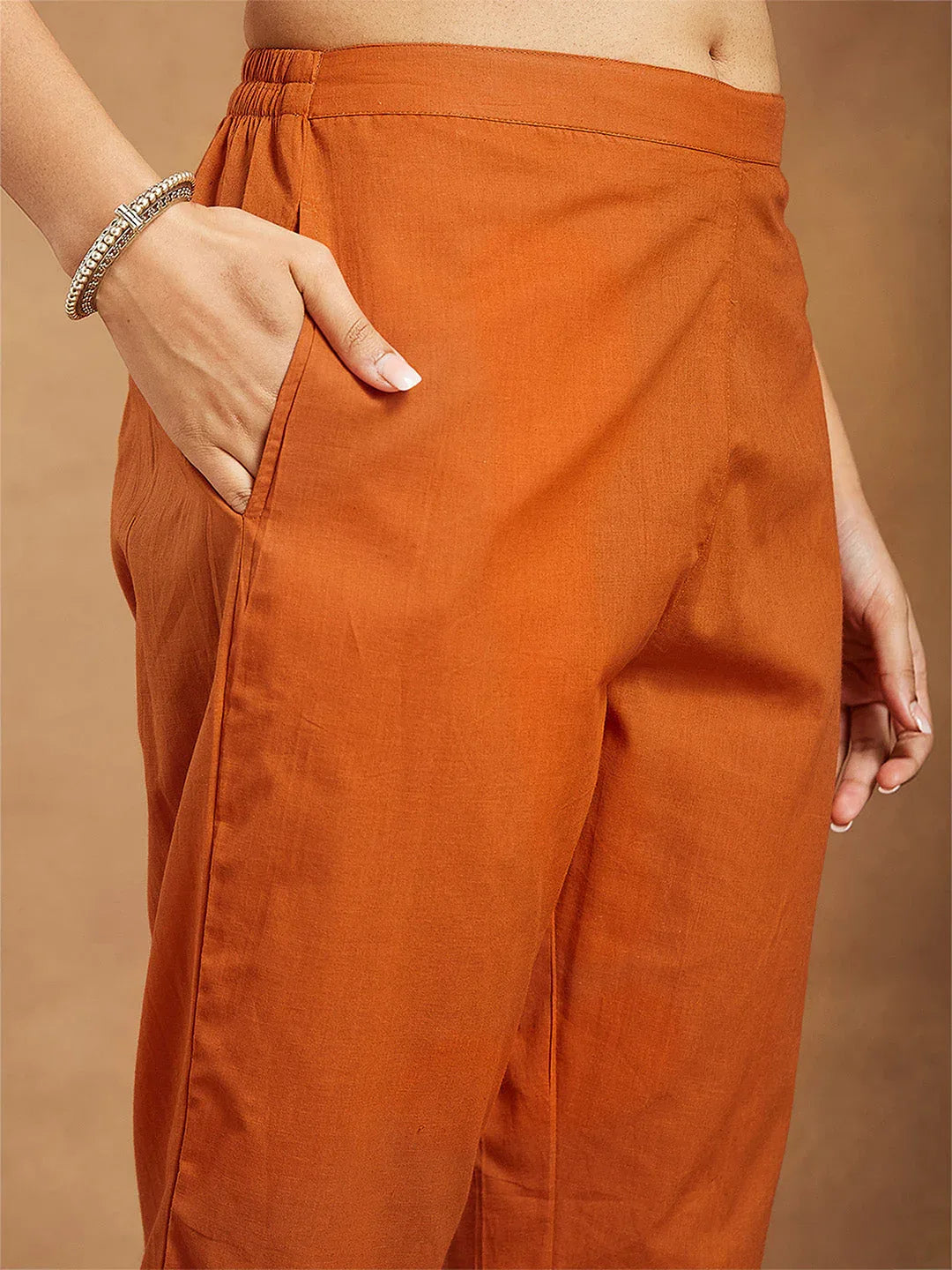 Janasya Women's Orange Pure Cotton Solid Straight Kurta Set