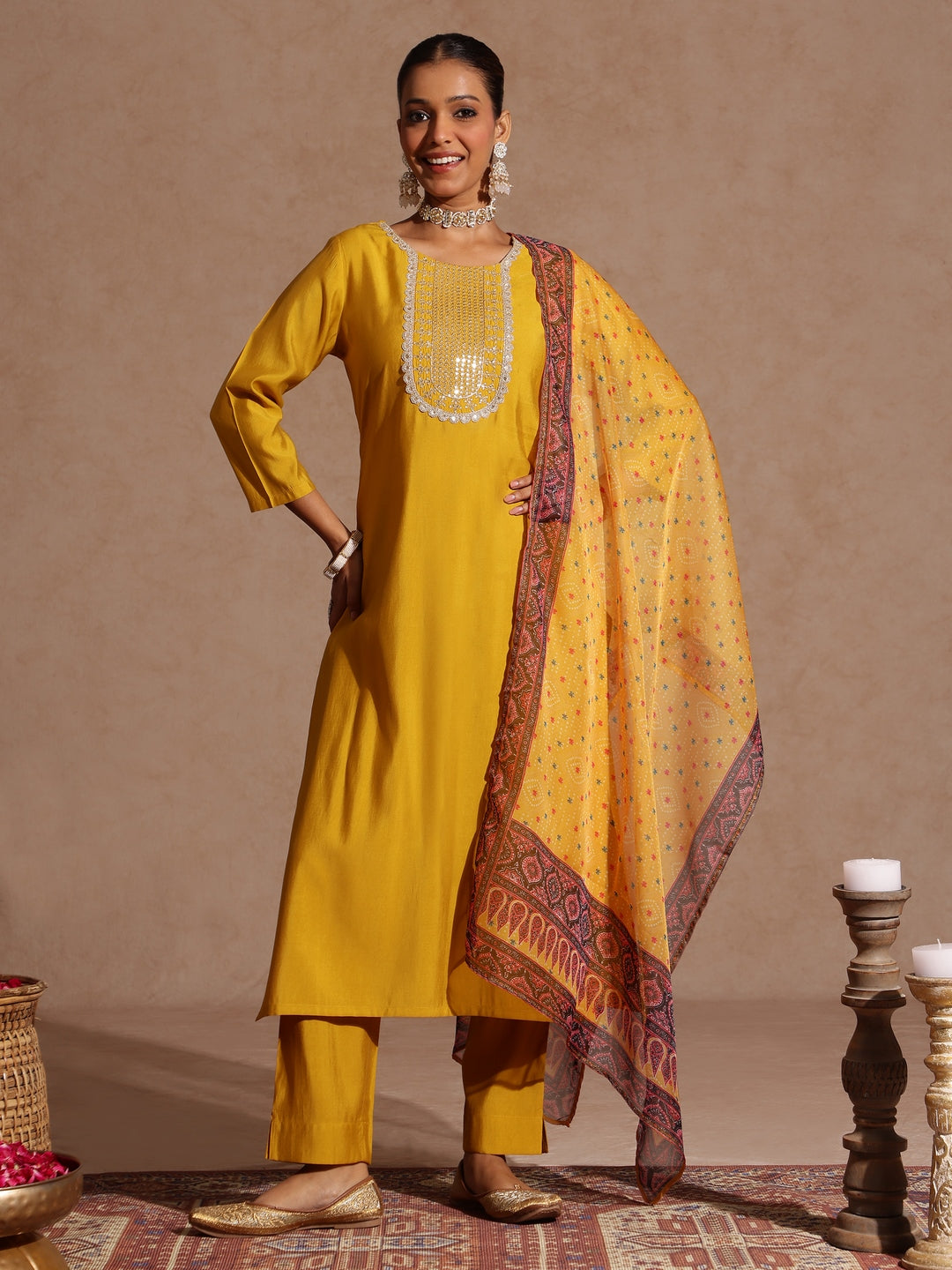 Janasya Women's Yellow Chanderi Silk Yoke Embroidered Straight Kurta Set - qivii