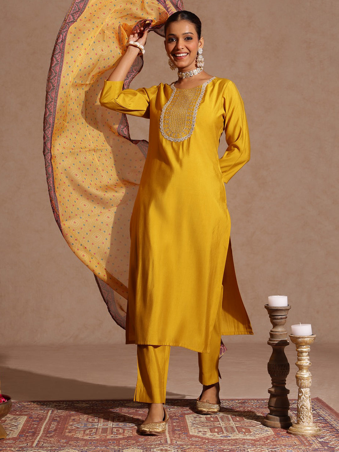 Janasya Women's Yellow Chanderi Silk Yoke Embroidered Straight Kurta Set - qivii