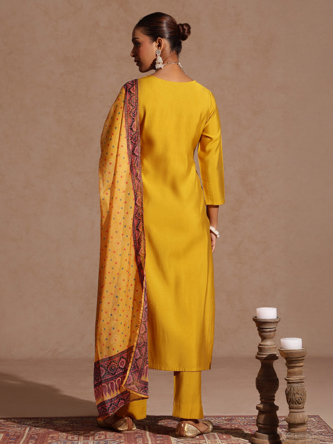 Janasya Women's Yellow Chanderi Silk Yoke Embroidered Straight Kurta Set - qivii