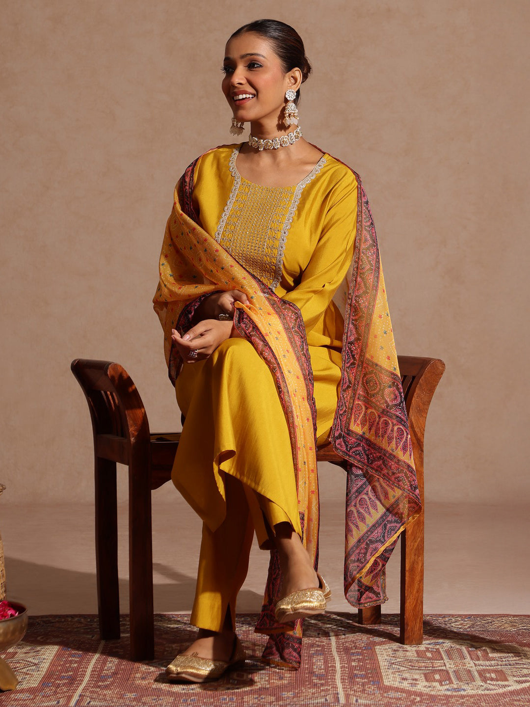 Janasya Women's Yellow Chanderi Silk Yoke Embroidered Straight Kurta Set - qivii