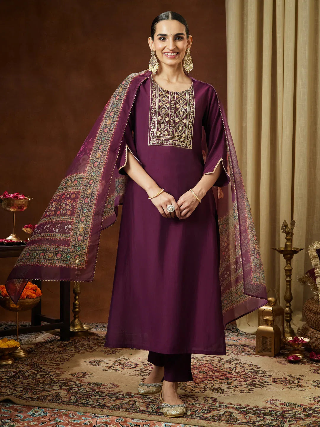 Janasya Women's Wine Chanderi Silk Yoke Embroidered Straight Kurta Set