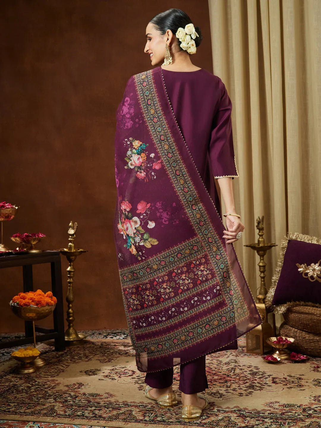 Janasya Women's Wine Chanderi Silk Yoke Embroidered Straight Kurta Set