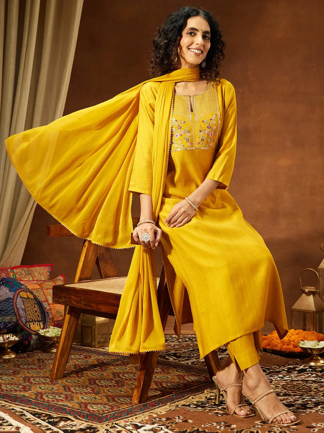 Janasya Women's Mustard Silk Blend Yoke Embroidered Straight Kurta Set