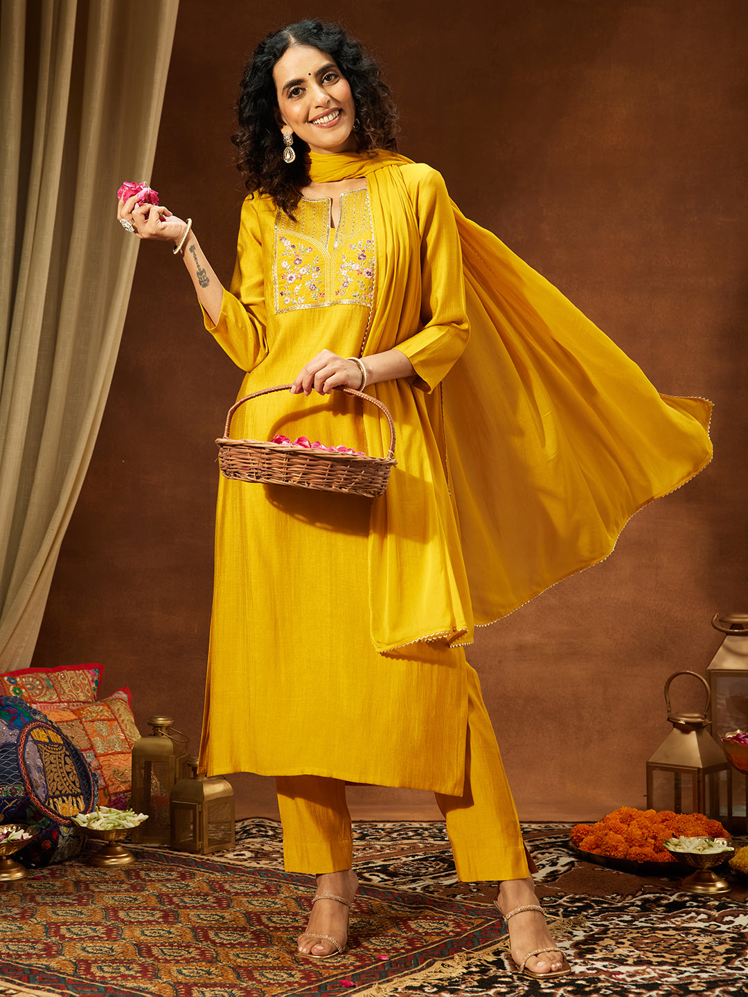 Janasya Women's Mustard Silk Blend Yoke Embroidered Straight Kurta Set