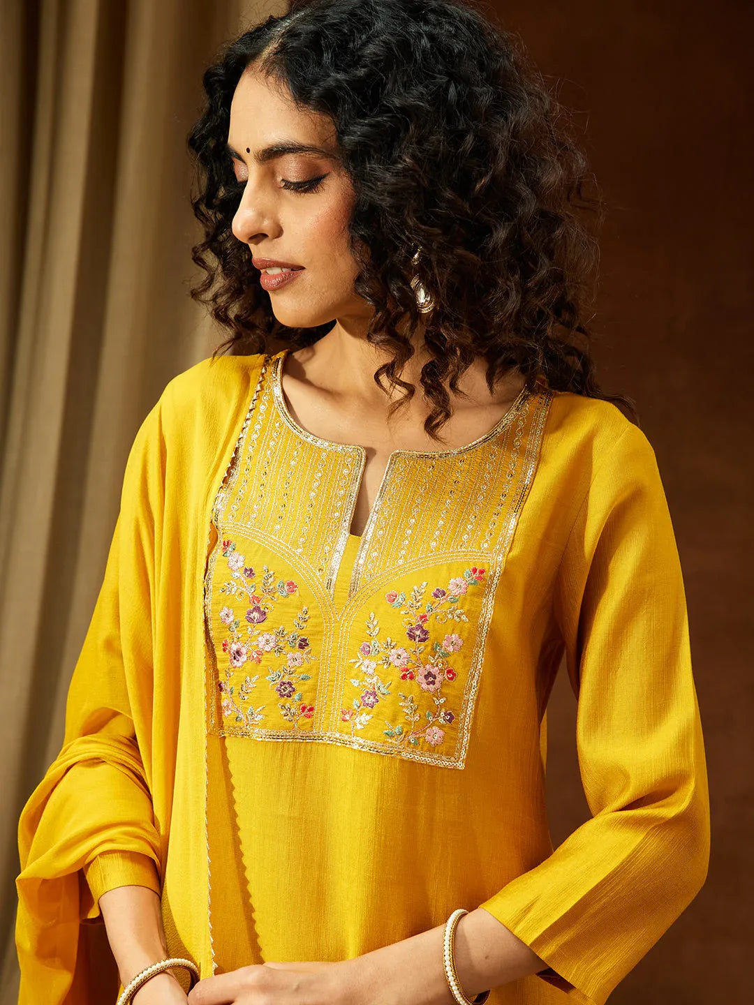 Janasya Women's Mustard Silk Blend Yoke Embroidered Straight Kurta Set