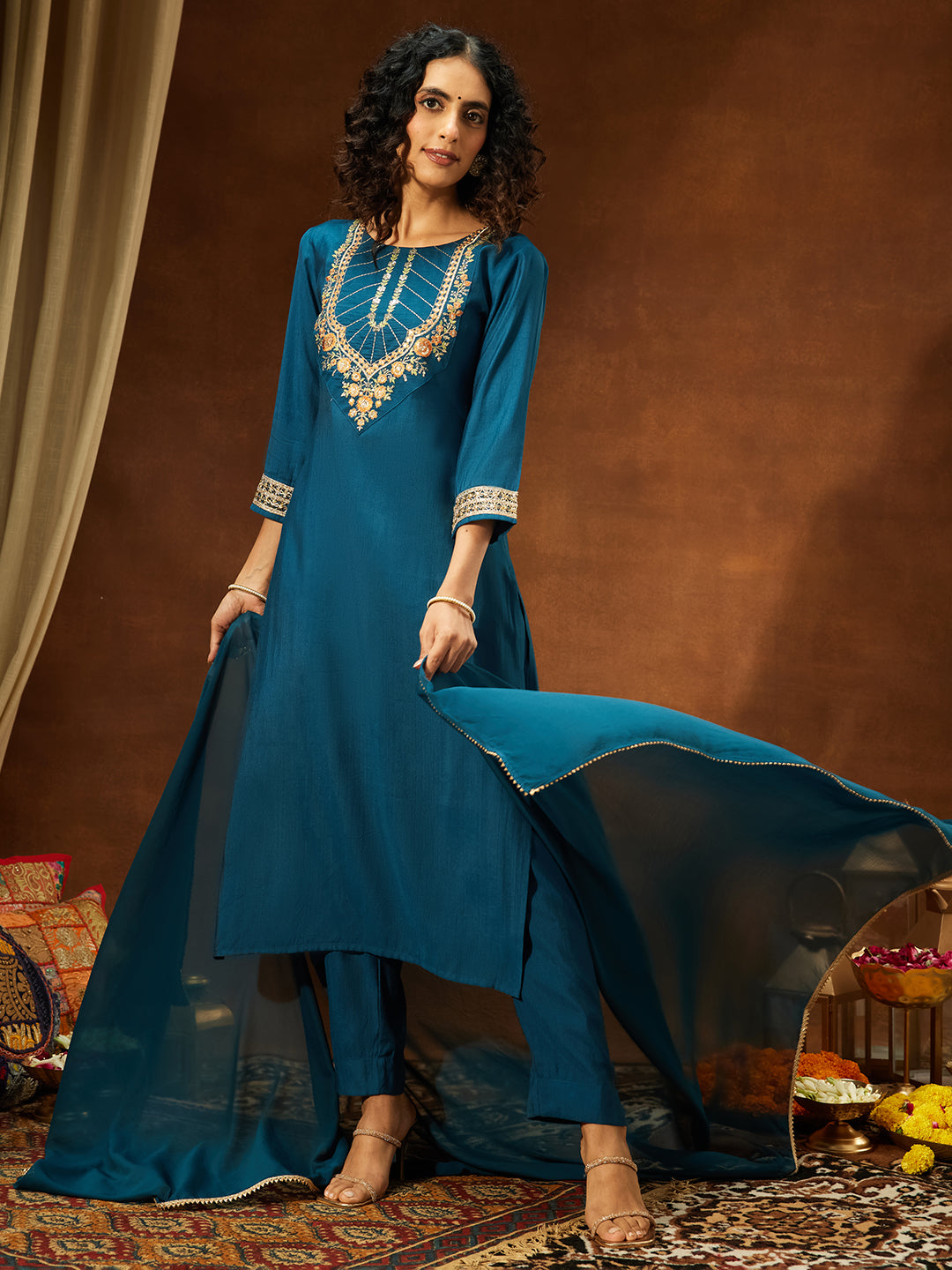 Janasya Women's Teal Blue Silk Blend Yoke Embroidered Straight Kurta Set - qivii